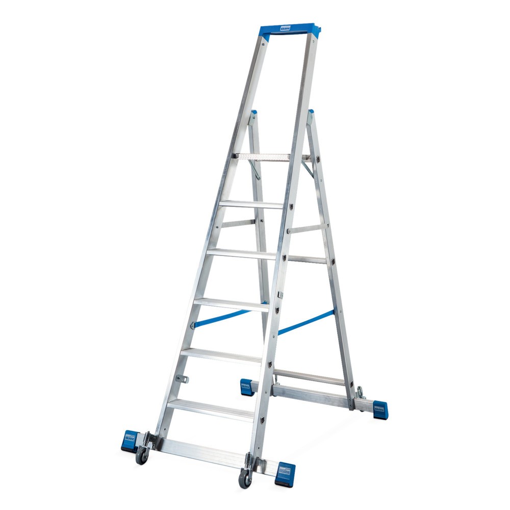 Illustration du produit: Escabeau à marches KRAUSE® Profi, accessible d’un seul côté, avec traverse et roulettes, hauteur déployée 1,90 m