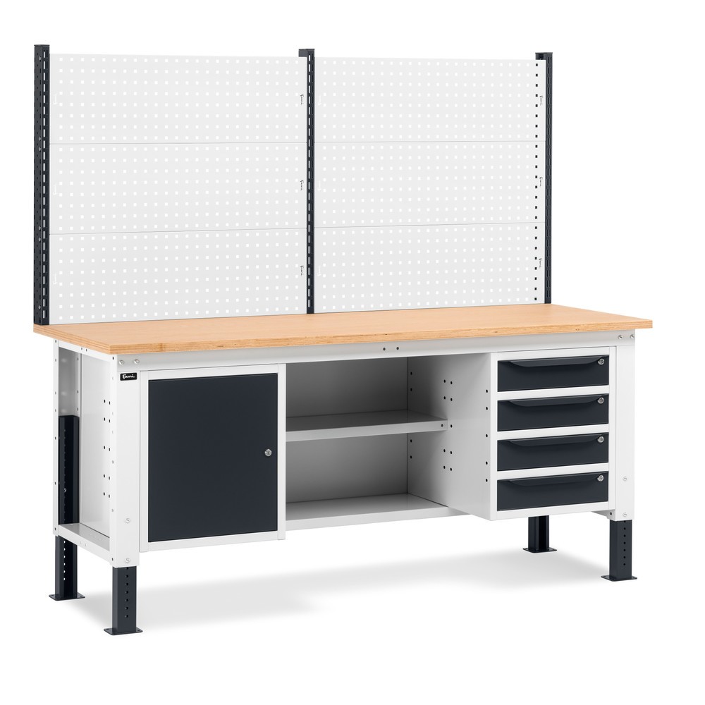 Illustration du produit: Établi Fami, réglable en Hauteur de construction, avec Mur multifonction, 4 tiroirs, Armoire, Paroi arrière avec 2 étagères, capacité de charge 1 000 kg, HxLxP 740-1,110 x 2 000 x 750 mm, gris clair/RAL 7016 gris anthracite RAL 7016