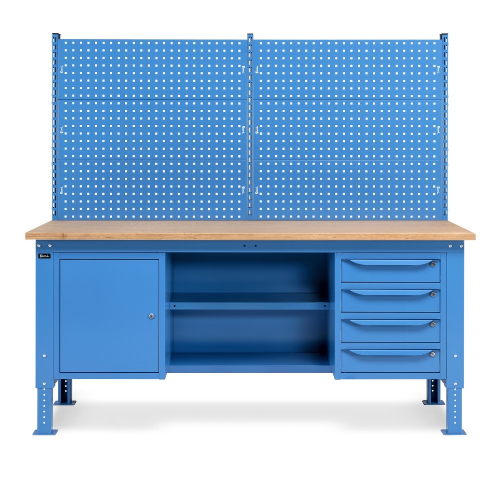 Produktabbildung Nr. 2: Établi Fami, réglable en Hauteur de construction, avec Mur multifonction, 4 tiroirs, Armoire, Paroi arrière avec 2 étagères, capacité de charge 1 000 kg, HxLxP 740-1,110 x 2 000 x 750 mm, RAL 5012 bleu clair