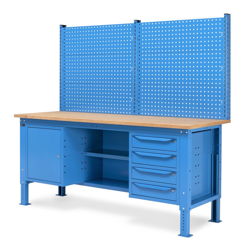 Produktabbildung Nr. 3: Établi Fami, réglable en Hauteur de construction, avec Mur multifonction, 4 tiroirs, Armoire, Paroi arrière avec 2 étagères, capacité de charge 1 000 kg, HxLxP 740-1,110 x 2 000 x 750 mm, RAL 5012 bleu clair