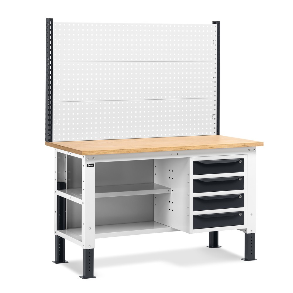 Illustration du produit: Établi Fami, réglable en Hauteur de construction, avec Mur multifonction, 4 tiroirs, Paroi arrière avec 2 étagères, capacité de charge 1 000 kg, HxLxP 740-1,110 x 1 500 x 750 mm, gris clair/RAL 7016 gris anthracite RAL 7016