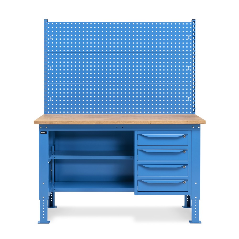 Produktabbildung Nr. 2: Établi Fami, réglable en Hauteur de construction, avec Mur multifonction, 4 tiroirs, Paroi arrière avec 2 étagères, capacité de charge 1 000 kg, HxLxP 740-1,110 x 1500 x 750 mm, RAL 5012 bleu clair