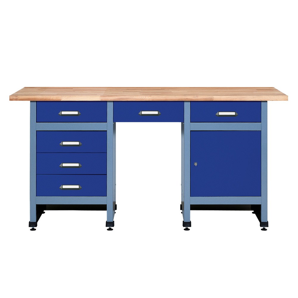 Illustration du produit: Établi avec bloc-tiroirs + porte + espace d’assise, l x P, 1 700 x 600 mm, bleu