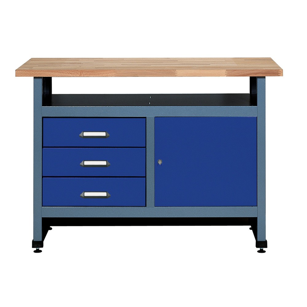 Illustration du produit: Établi avec 3 tiroirs + porte + compartiment de rangement, l x P, 1 200 x 600 mm, bleu
