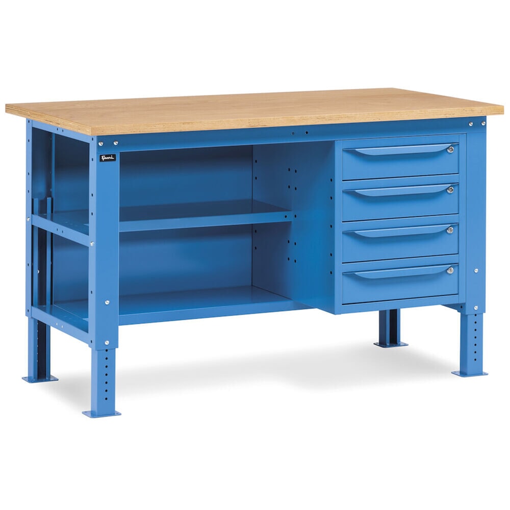 N° de l'image du produit 8 : Établi Fami, réglable en Hauteur de construction, 4 tiroirs, Paroi arrière et 2 étagères, capacité de charge 1 000 kg, HxLxP 740-1,110 x 1500 x 750 mm, RAL 5012 bleu clair
