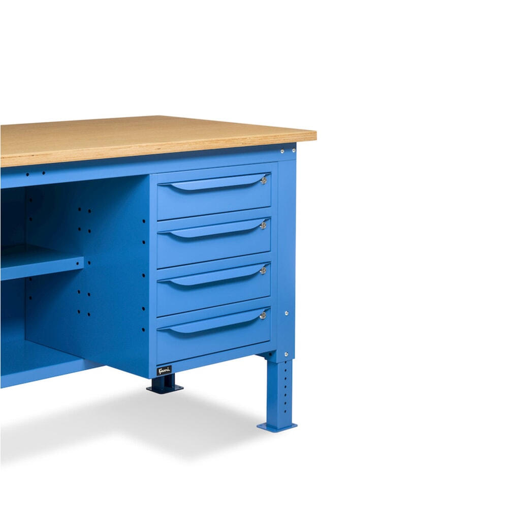 N° de l'image du produit 9 : Établi Fami, réglable en Hauteur de construction, 4 tiroirs, armoire à gullwing, Paroi arrière avec 2 étagères, capacité de charge 1 000 kg, HxLxP 740-1,110 x 2 000 x 750 mm, RAL 5012 bleu clair