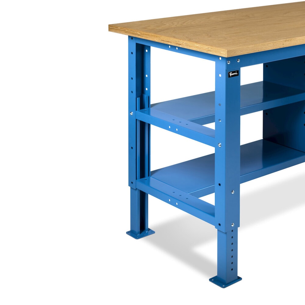 N° de l'image du produit 12 : Établi Fami, réglable en Hauteur de construction, 4 tiroirs, Paroi arrière et 2 étagères, capacité de charge 1 000 kg, HxLxP 740-1,110 x 1500 x 750 mm, RAL 5012 bleu clair