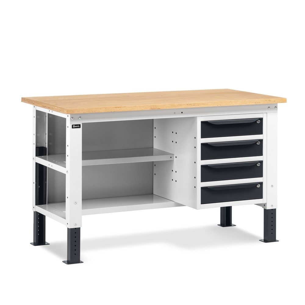 Illustration du produit: Établi Fami, réglable en Hauteur de construction, 4 tiroirs, Paroi arrière et 2 étagères, capacité de charge 1 000 kg, HxLxP 740-1,110 x 1 500 x 750 mm, gris clair/gris anthracite RAL 7016