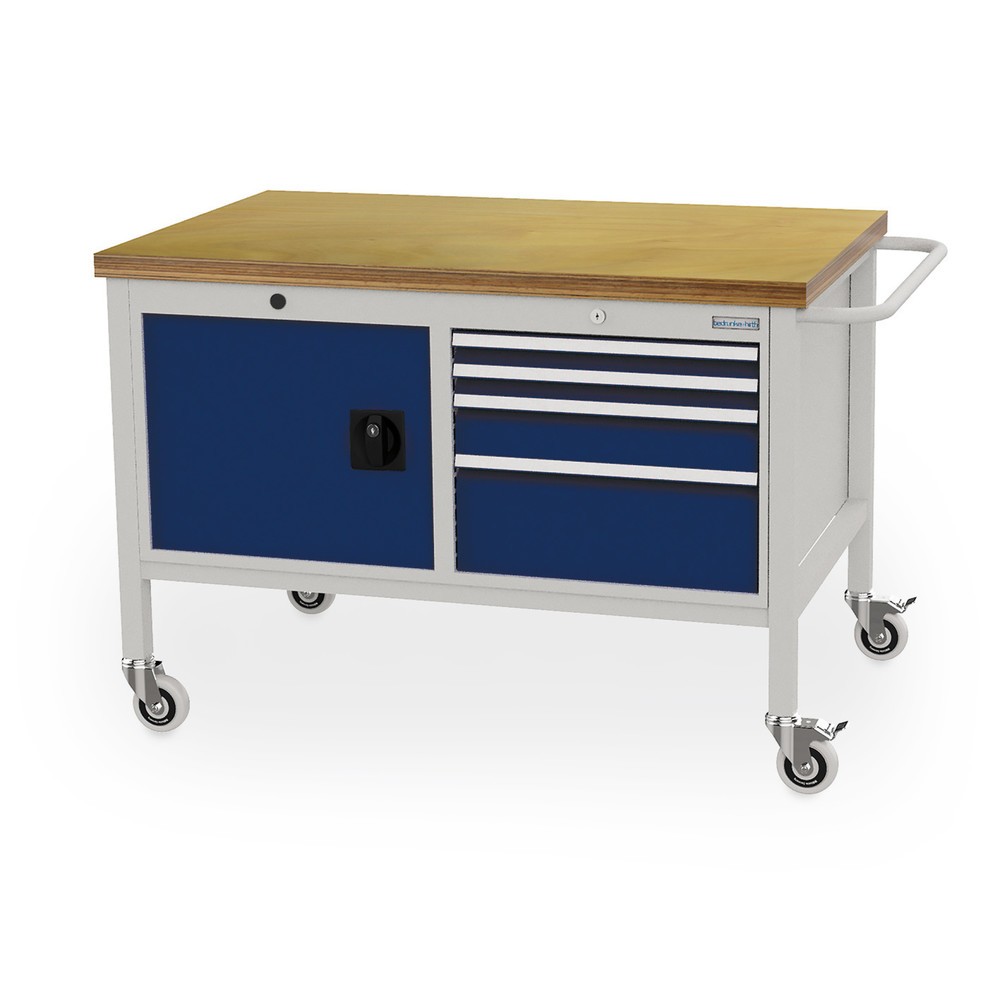 Illustration du produit: Établi mobile Bedrunka+Hirth, armoire, 4 tiroirs à différentes hauteurs, bleu cobalt