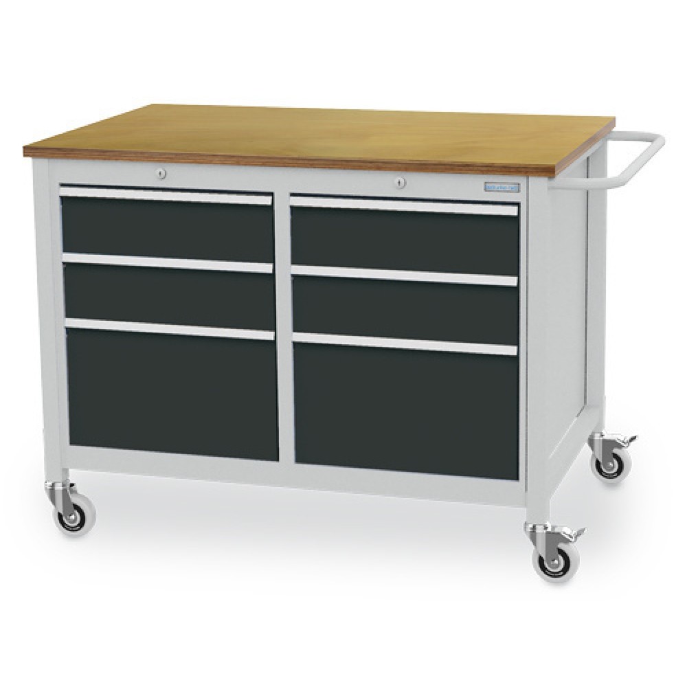 Illustration du produit: Établi mobile R 18-24 Bedrunka+Hirth, H x l x P 935 x 1 250 x 750 mm, gris clair, gris anthracite, 6 tiroirs 4 x 150 + 2 x 300 mm