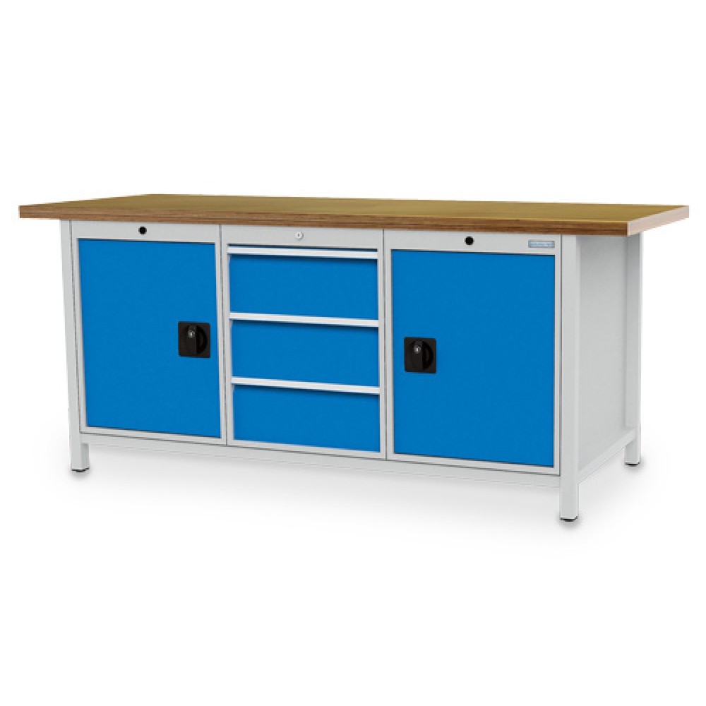 Illustration du produit: Établi R 18-24 Bedrunka+Hirth, H x l x P 959 x 2 000 x 750 mm, gris clair, bleu clair, 3 tiroirs 3 x 200 mm, 2 portes battantes 2 x 600 mm