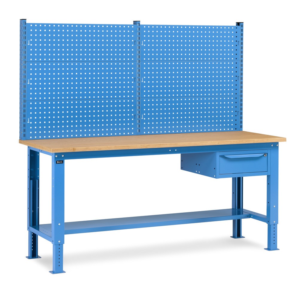 Illustration du produit: Établi Fami, réglable en Hauteur de construction, avec Mur multifonction et 1 tiroir, capacité de charge 1 000 kg, HxLxP 740-1 110 x 2 000 x 750 mm, bleu clair RAL 5012