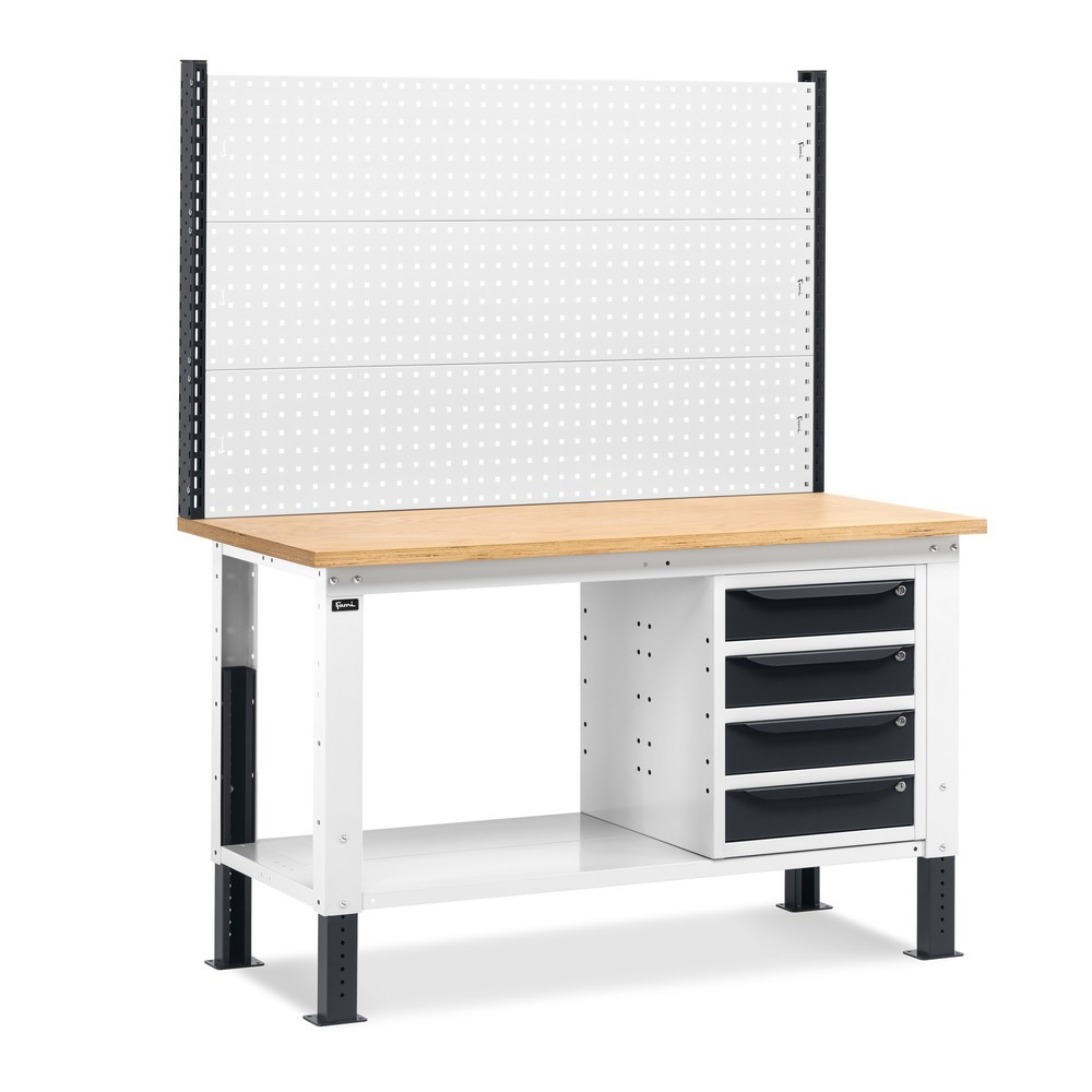 Illustration du produit: Établi Fami, réglable en Hauteur de construction, avec Mur multifonction et 4 tiroirs, capacité de charge 1 000 kg, HxLxP 740-1,110 x 1 500 x 750 mm, gris clair RAL 7035 /gris anthracite RAL 7016