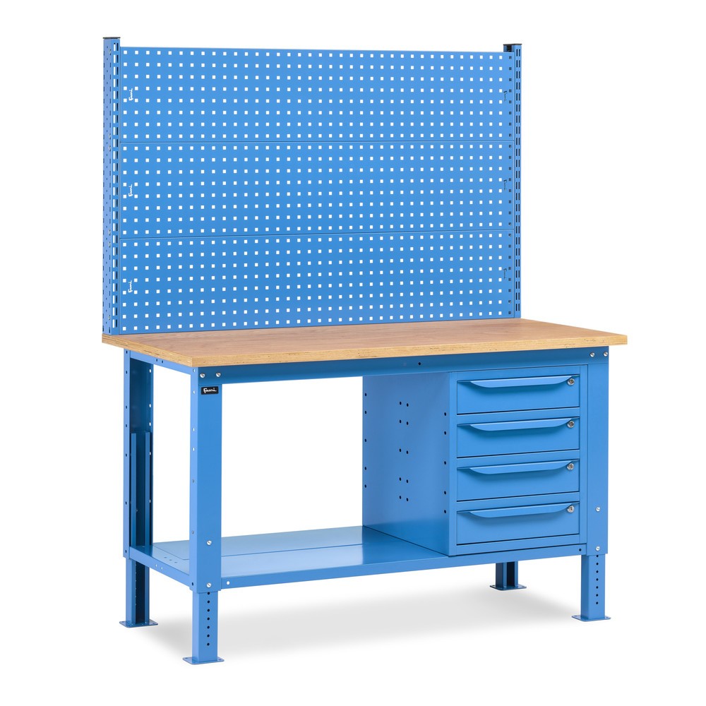 Illustration du produit: Établi Fami, réglable en Hauteur de construction, avec Mur multifonction et 4 tiroirs, capacité de charge 1 000 kg, HxLxP 740-1,110 x 1500 x 750 mm, RAL 5012 bleu clair