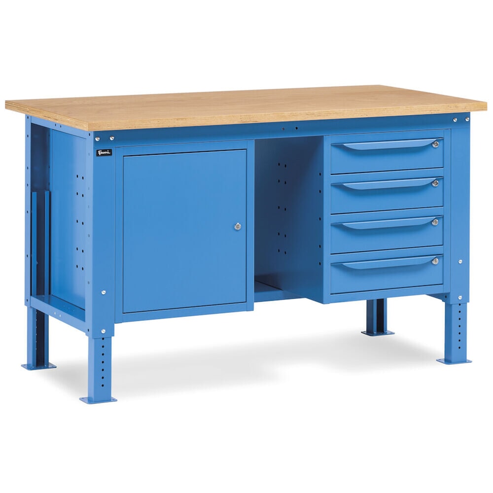 N° de l'image du produit 8 : Établi Fami, réglable en Hauteur de construction, 4 tiroirs (espace) et 1 Armoire, capacité de charge 1 000 kg, HxLxP 740-1,110 x 1500 x 750 mm, RAL 5012 bleu clair