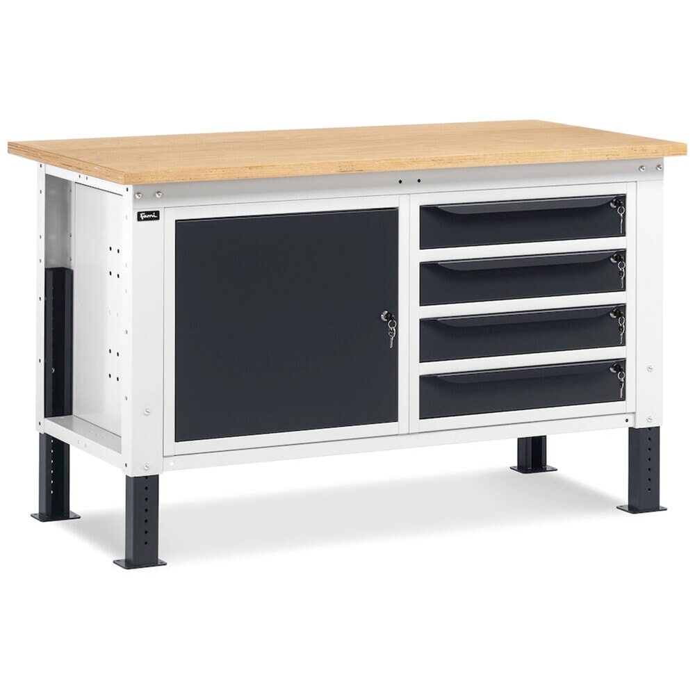 N° de l'image du produit 8 : Établi Fami, réglable en Hauteur de construction, 4 tiroirs et 1 Armoire, capacité de charge 1 000 kg, HxLxP 740-1,110 x 1 500 x 750 mm, gris clair/RAL 7016 gris anthracite RAL 7016
