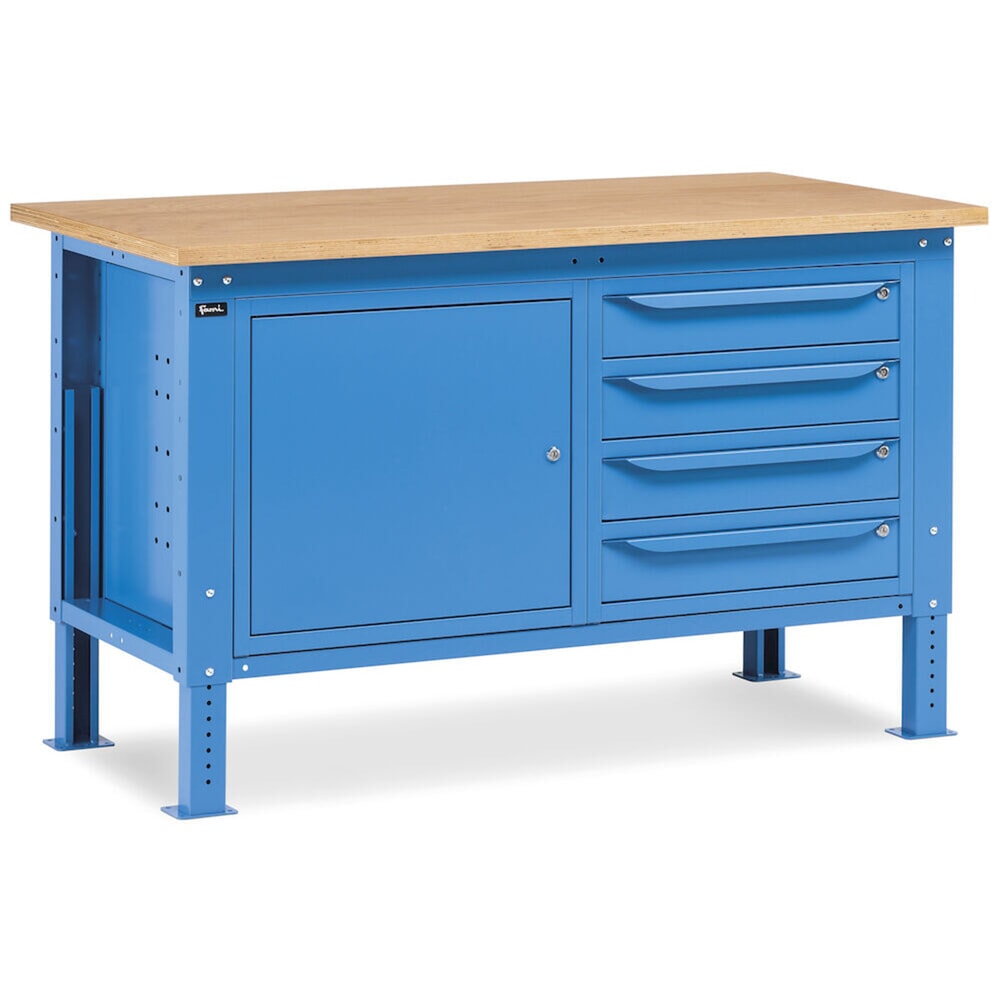 N° de l'image du produit 8 : Établi Fami, réglable en Hauteur de construction, 4 tiroirs et 1 Armoire, capacité de charge 1 000 kg, HxLxP 740-1,110 x 1 500 x 750 mm, RAL 5012 bleu clair