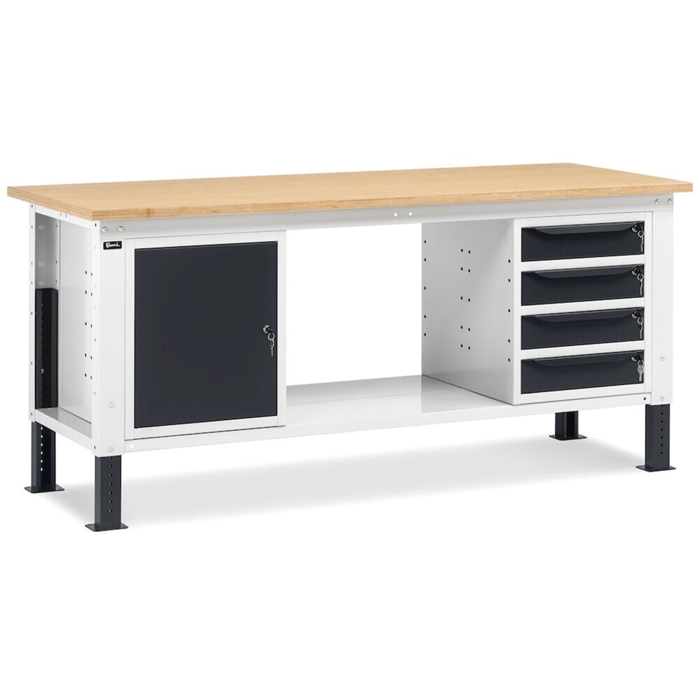 N° de l'image du produit 8 : Établi Fami, réglable en Hauteur de construction, 4 tiroirs et 1 Armoire, capacité de charge 1 000 kg, HxLxP 740-1,110 x 2 000 x 750 mm, gris clair/RAL 7016 gris anthracite