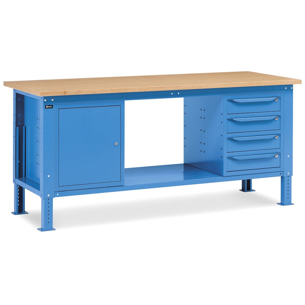 N° de l'image du produit 8 : Établi Fami, réglable en Hauteur de construction, 4 tiroirs et 1 Armoire, capacité de charge 1 000 kg, HxLxP 740-1,110 x 2 000 x 750 mm, RAL 5012 bleu clair