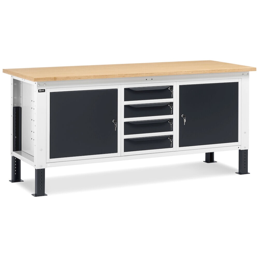 N° de l'image du produit 8 : Établi Fami, réglable en Hauteur de construction, 4 tiroirs et 2 armoires, capacité de charge 1 000 kg, HxLxP 740-1,110 x 2 000 x 750 mm, gris clair RAL 7035 /gris anthracite RAL 7016