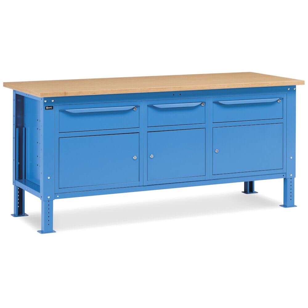 N° de l'image du produit 8 : Établi Fami, réglable en Hauteur de construction, 3 tiroirs et 3 armoires, capacité de charge 1 000 kg, HxLxP 740-1,110 x 2 000 x 750 mm, RAL 5012 bleu clair