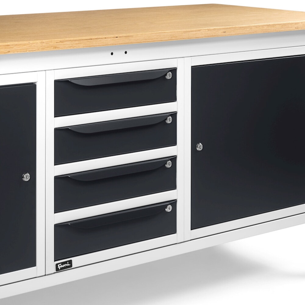 N° de l'image du produit 9 : Établi Fami, réglable en Hauteur de construction, 4 tiroirs et 2 armoires, capacité de charge 1 000 kg, HxLxP 740-1,110 x 2 000 x 750 mm, gris clair RAL 7035 /gris anthracite RAL 7016
