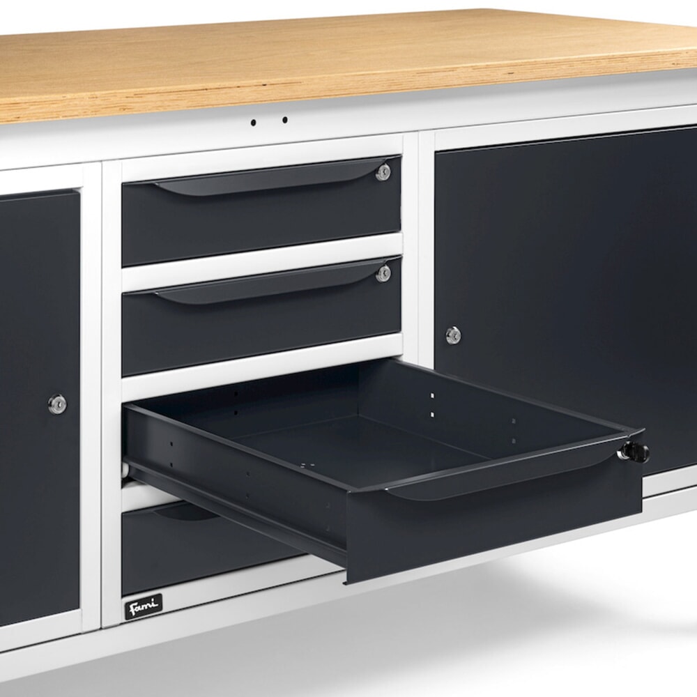 N° de l'image du produit 10 : Établi Fami, réglable en Hauteur de construction, 4 tiroirs et 2 armoires, capacité de charge 1 000 kg, HxLxP 740-1,110 x 2 000 x 750 mm, gris clair RAL 7035 /gris anthracite RAL 7016