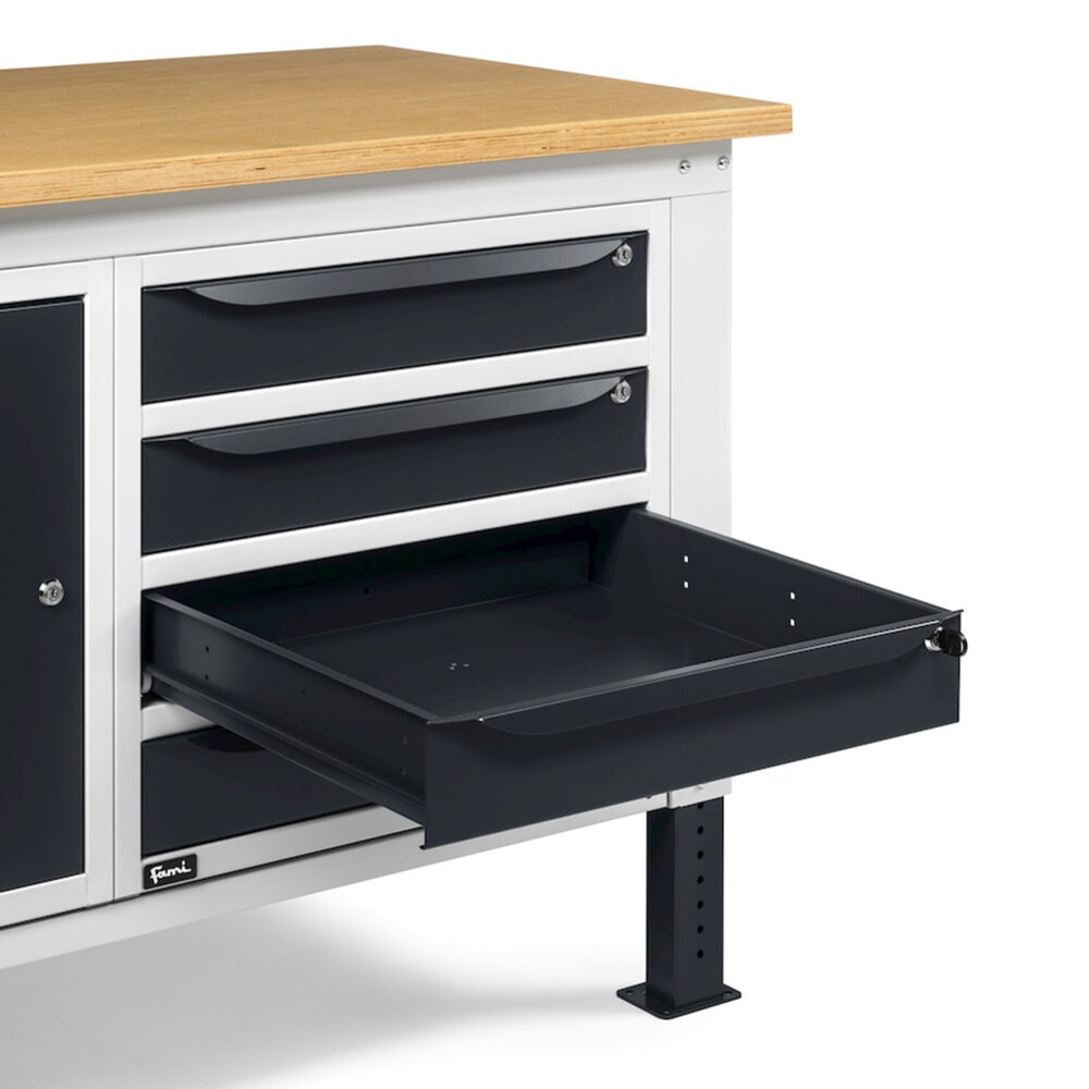N° de l'image du produit 11 : Établi Fami, réglable en Hauteur de construction, 4 tiroirs et 1 Armoire, capacité de charge 1 000 kg, HxLxP 740-1,110 x 1 500 x 750 mm, gris clair/RAL 7016 gris anthracite RAL 7016