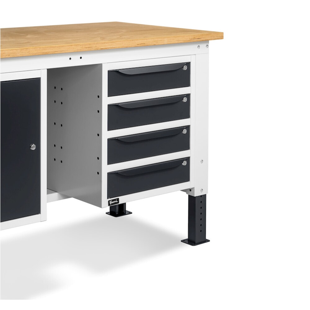 N° de l'image du produit 11 : Établi Fami, réglable en Hauteur de construction, 4 tiroirs et 1 Armoire, capacité de charge 1 000 kg, HxLxP 740-1,110 x 2 000 x 750 mm, gris clair/RAL 7016 gris anthracite