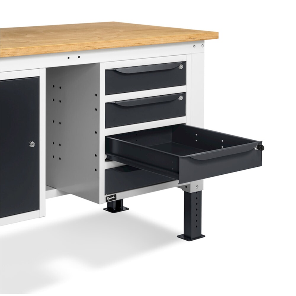 N° de l'image du produit 12 : Établi Fami, réglable en Hauteur de construction, 4 tiroirs et 1 Armoire, capacité de charge 1 000 kg, HxLxP 740-1,110 x 2 000 x 750 mm, gris clair/RAL 7016 gris anthracite