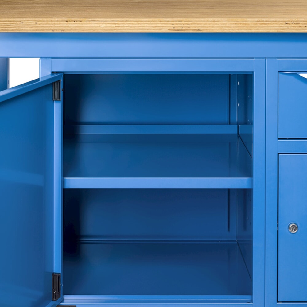 N° de l'image du produit 9 : Établi Fami, réglable en Hauteur de construction, 4 tiroirs et 1 Armoire, capacité de charge 1 000 kg, HxLxP 740-1,110 x 2 000 x 750 mm, RAL 5012 bleu clair