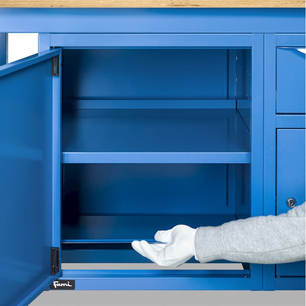 N° de l'image du produit 10 : Établi Fami, réglable en Hauteur de construction, 4 tiroirs et 1 Armoire, capacité de charge 1 000 kg, HxLxP 740-1,110 x 2 000 x 750 mm, RAL 5012 bleu clair