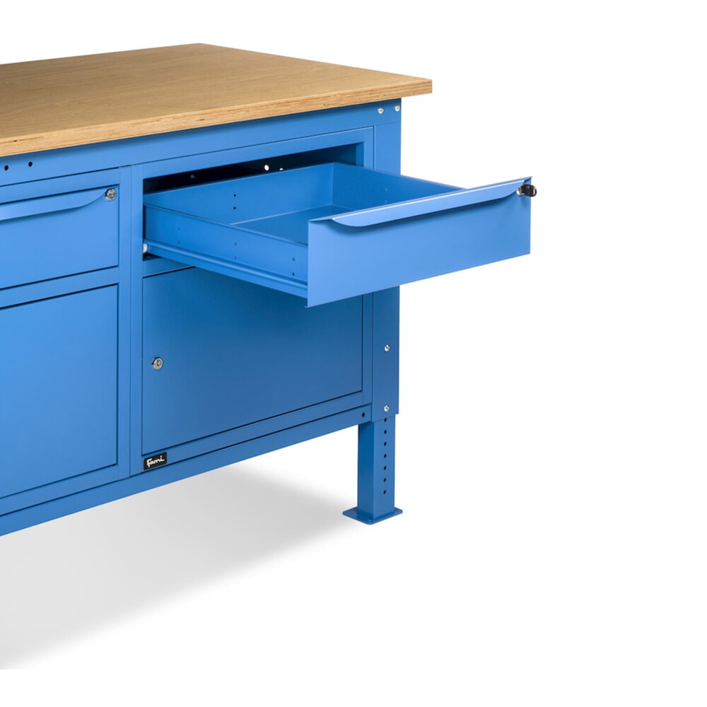N° de l'image du produit 10 : Établi Fami, réglable en Hauteur de construction, 2 tiroirs et 2 placards, capacité de charge 1 000 kg, HxLxP 740-1,110 x 1 500 x 750 mm, RAL 5012 bleu clair