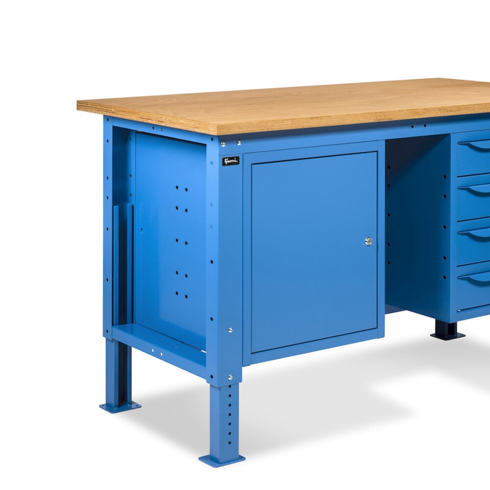 N° de l'image du produit 11 : Établi Fami, réglable en Hauteur de construction, 4 tiroirs et 1 Armoire, capacité de charge 1 000 kg, HxLxP 740-1,110 x 2 000 x 750 mm, RAL 5012 bleu clair