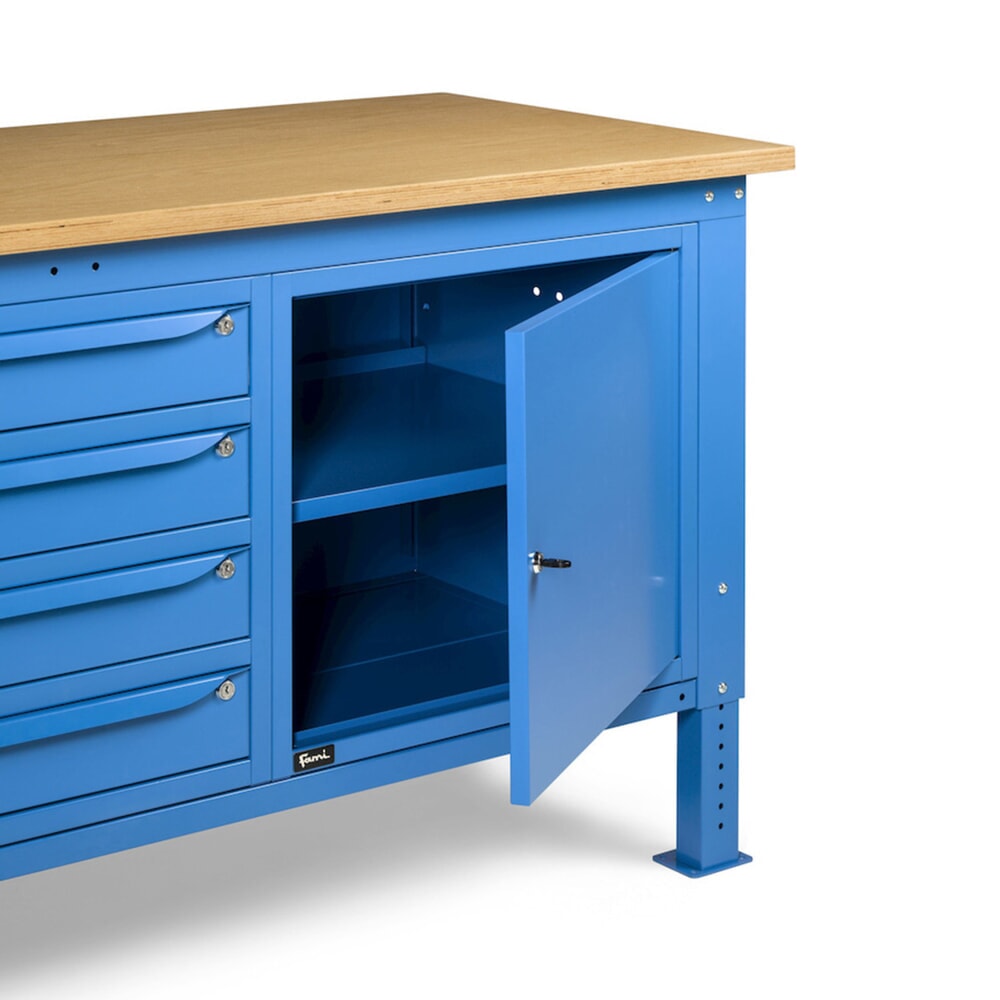 N° de l'image du produit 10 : Établi Fami, réglable en Hauteur de construction, 4 tiroirs et 2 placards, capacité de charge 1 000 kg, HxLxP 740-1,110 x 2 000 x 750 mm, RAL 5012 bleu clair