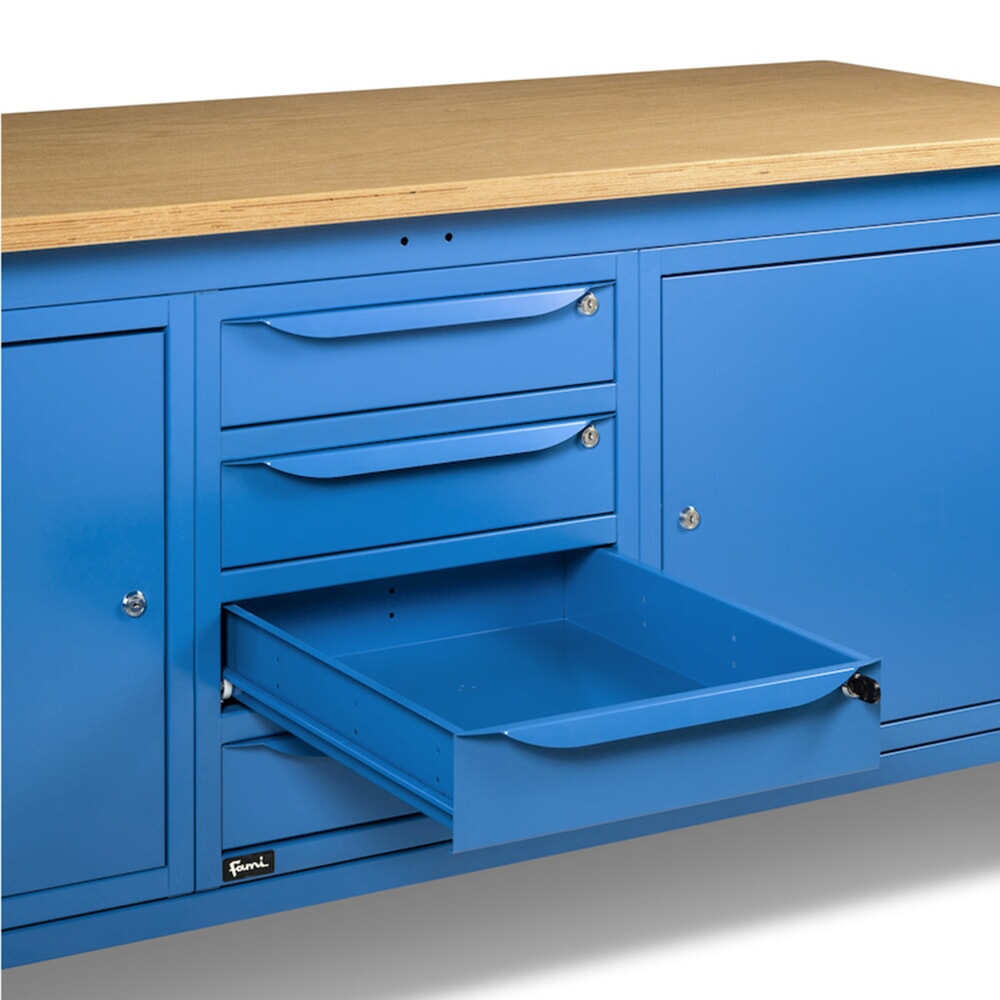 N° de l'image du produit 12 : Établi Fami, réglable en Hauteur de construction, 4 tiroirs et 2 placards, capacité de charge 1 000 kg, HxLxP 740-1,110 x 2 000 x 750 mm, RAL 5012 bleu clair