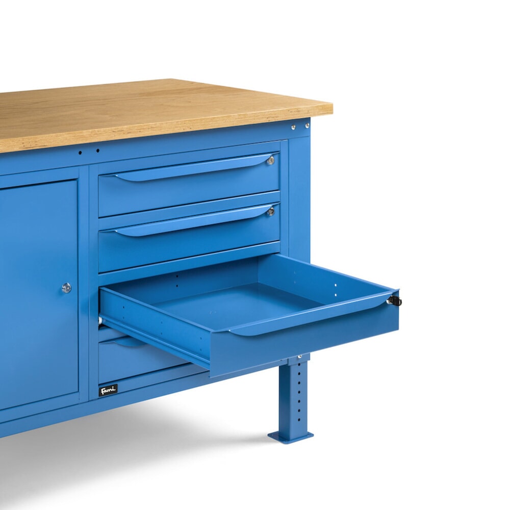 N° de l'image du produit 11 : Établi Fami, réglable en Hauteur de construction, 4 tiroirs et 1 Armoire, capacité de charge 1 000 kg, HxLxP 740-1,110 x 1 500 x 750 mm, RAL 5012 bleu clair