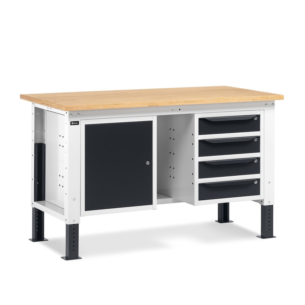 Illustration du produit: Établi Fami, réglable en Hauteur de construction, 4 tiroirs (espace) et 1 Armoire, capacité de charge 1 000 kg, HxLxP 740-1,110 x 1 500 x 750 mm, gris clair/RAL 7016 gris anthracite RAL 7016