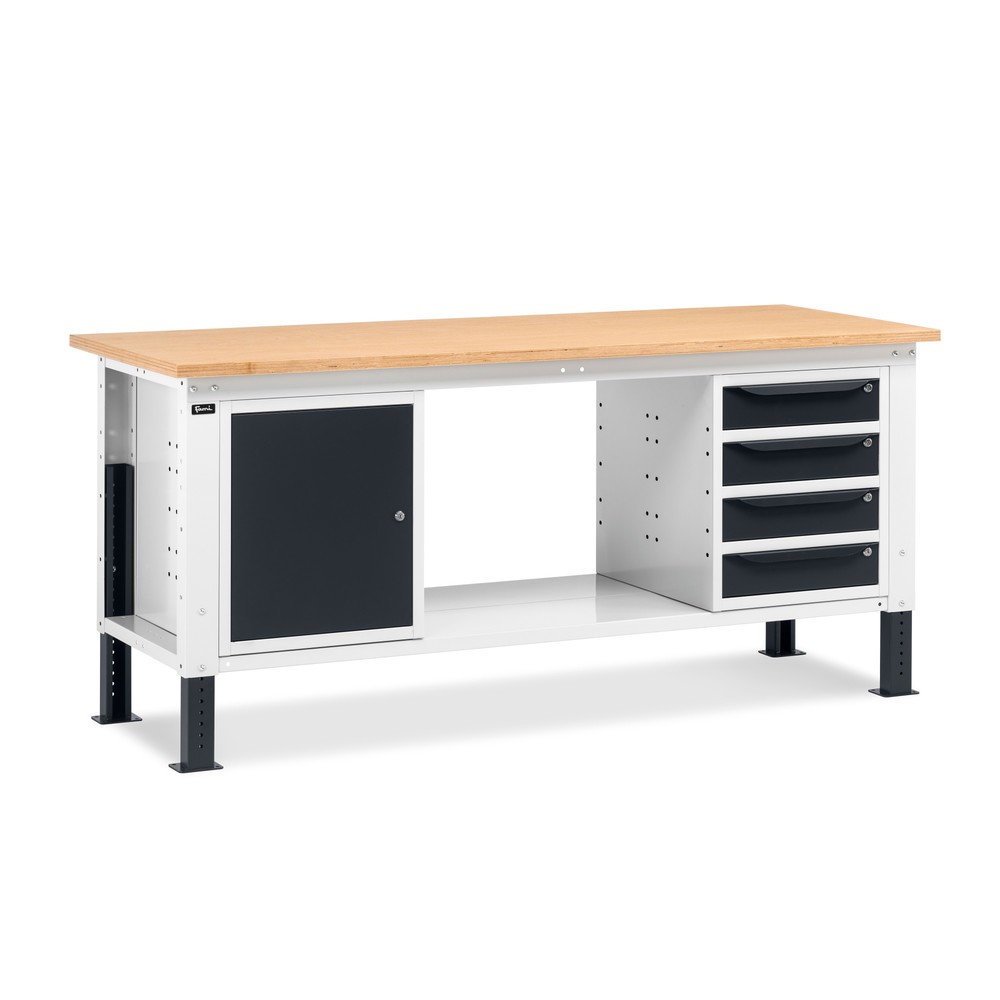 Illustration du produit: Établi Fami, réglable en Hauteur de construction, 4 tiroirs et 1 Armoire, capacité de charge 1 000 kg, HxLxP 740-1,110 x 2 000 x 750 mm, gris clair/RAL 7016 gris anthracite