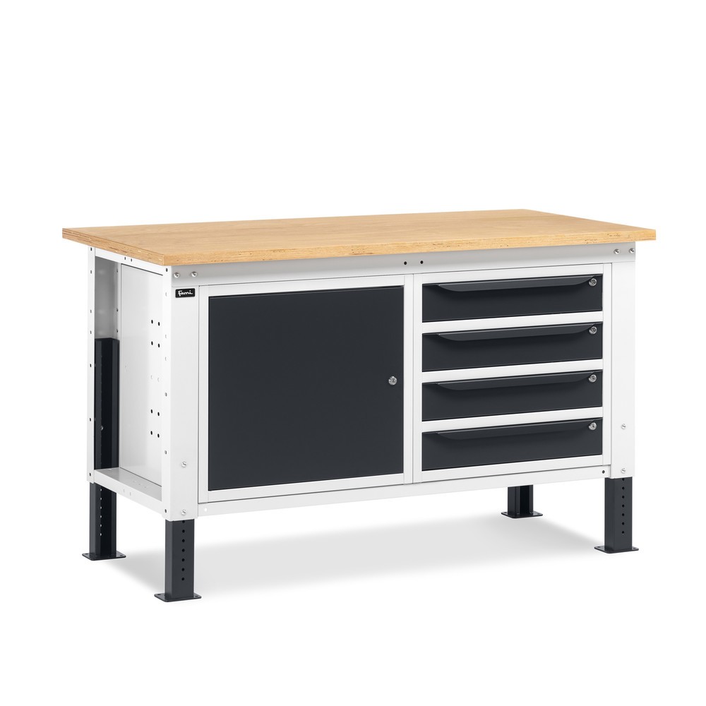 Illustration du produit: Établi Fami, réglable en Hauteur de construction, 4 tiroirs et 1 Armoire, capacité de charge 1 000 kg, HxLxP 740-1,110 x 1 500 x 750 mm, gris clair/RAL 7016 gris anthracite RAL 7016