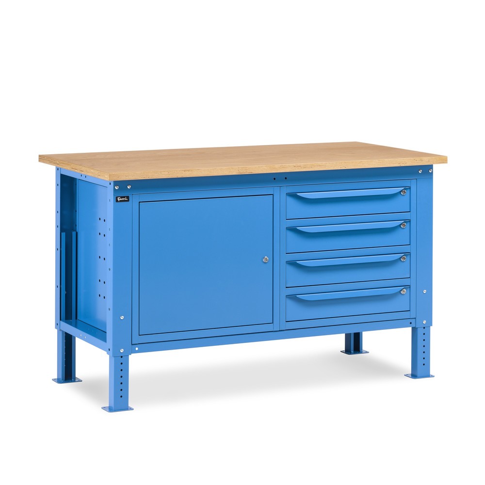 Illustration du produit: Établi Fami, réglable en Hauteur de construction, 4 tiroirs et 1 Armoire, capacité de charge 1 000 kg, HxLxP 740-1,110 x 1 500 x 750 mm, RAL 5012 bleu clair