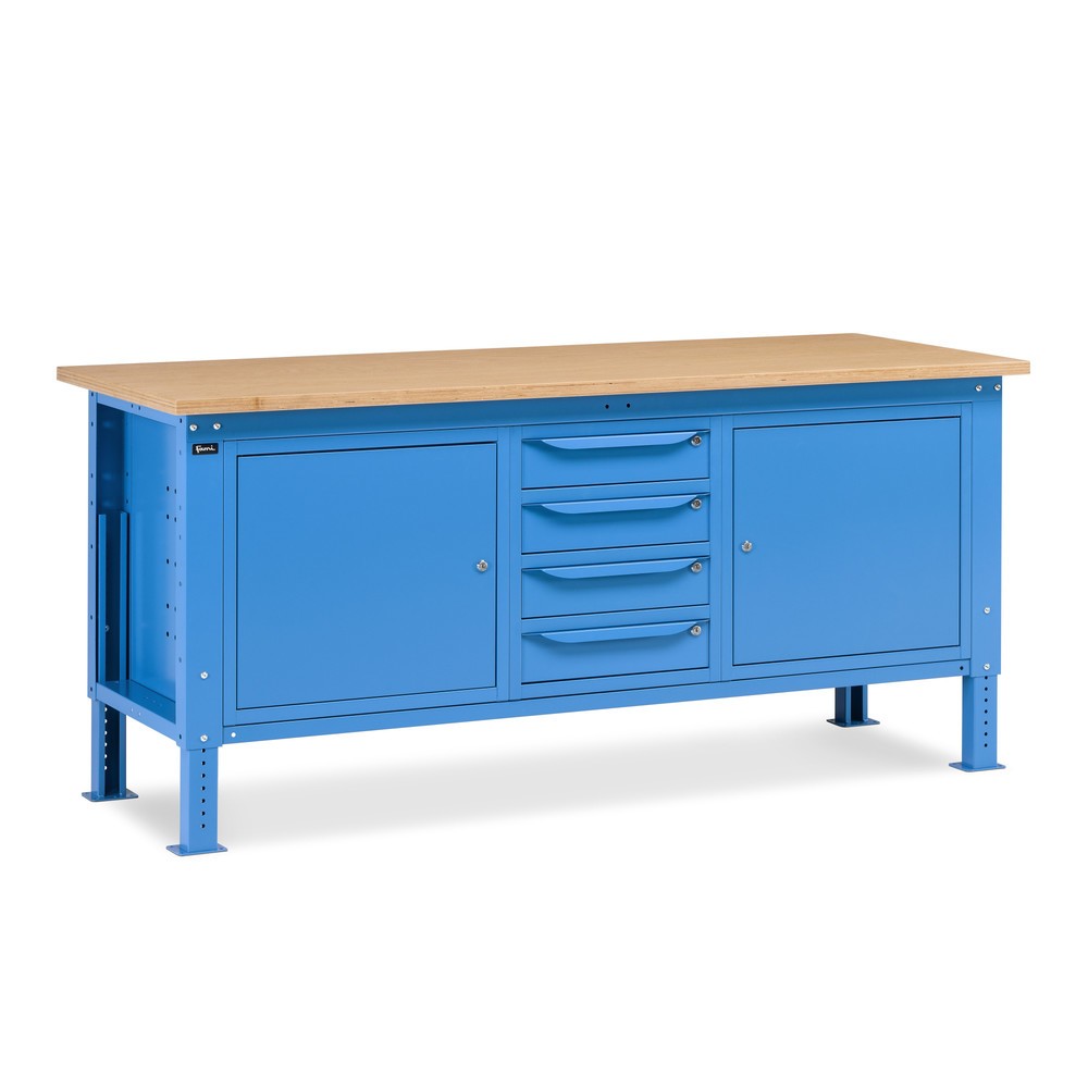 Illustration du produit: Établi Fami, réglable en Hauteur de construction, 4 tiroirs et 2 placards, capacité de charge 1 000 kg, HxLxP 740-1,110 x 2 000 x 750 mm, RAL 5012 bleu clair