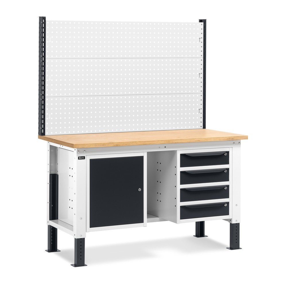 Illustration du produit: Établi Fami, réglable en Hauteur de construction, avec Mur multifonction, 4 tiroirs (espace) et Armoire, capacité de charge 1 000 kg, HxLxP 740-1,110 x 1 500 x 750 mm, gris clair RAL 7035 /gris anthracite RAL 7016