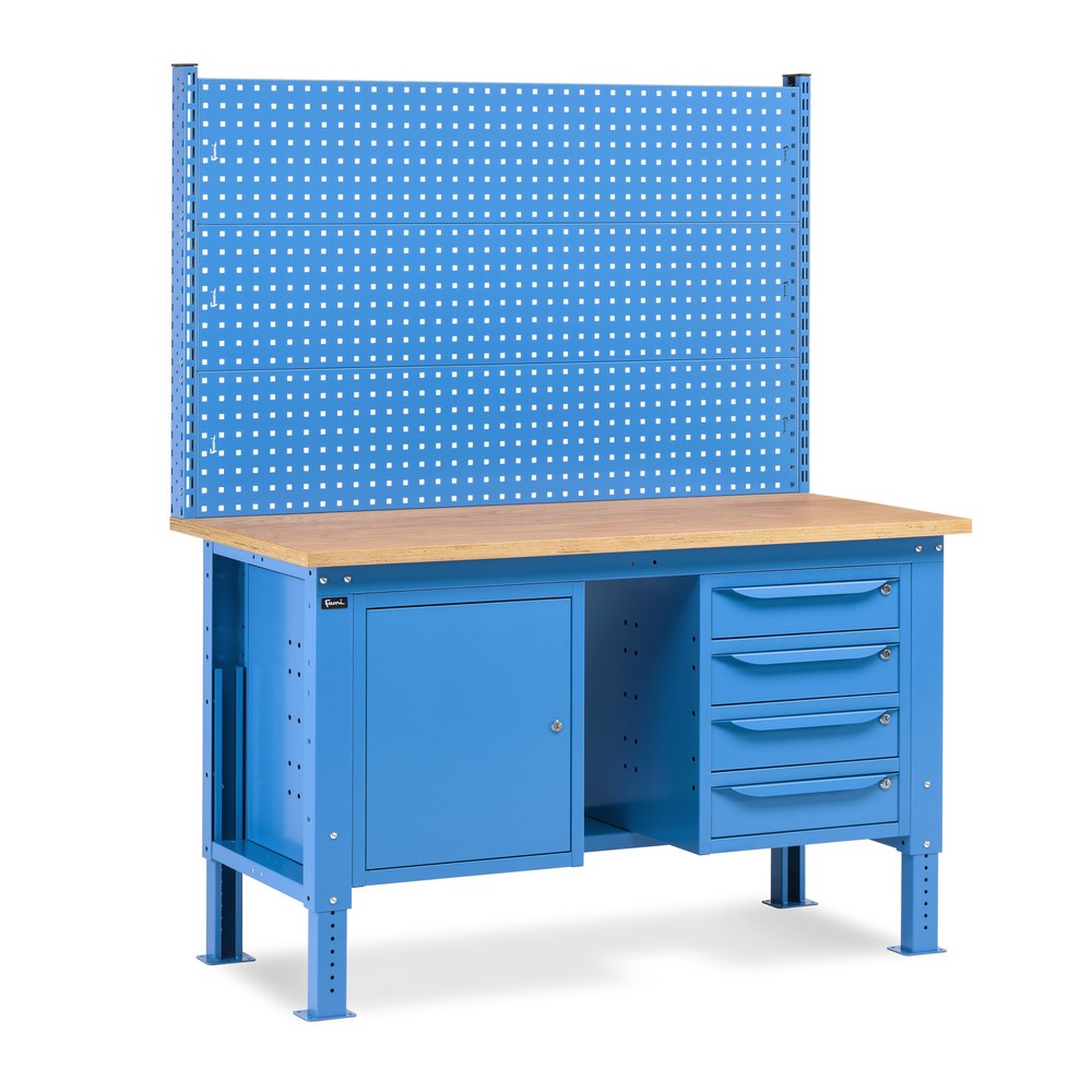 Illustration du produit: Établi Fami, réglable en Hauteur de construction, avec Mur multifonction, 4 tiroirs (espace) et Armoire, capacité de charge 1 000 kg, HxLxP 740-1,110 x 1 500 x 750 mm, RAL 5012 bleu clair