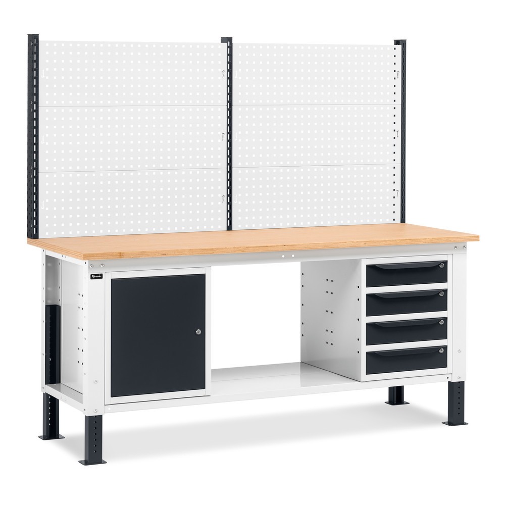 Illustration du produit: Établi Fami, réglable en Hauteur de construction, avec Mur multifonction, 4 tiroirs et Armoire, capacité de charge 1 000 kg, HxLxP 740-1,110 x 2 000 x 750 mm, gris clair/RAL 7016 gris anthracite RAL 7016
