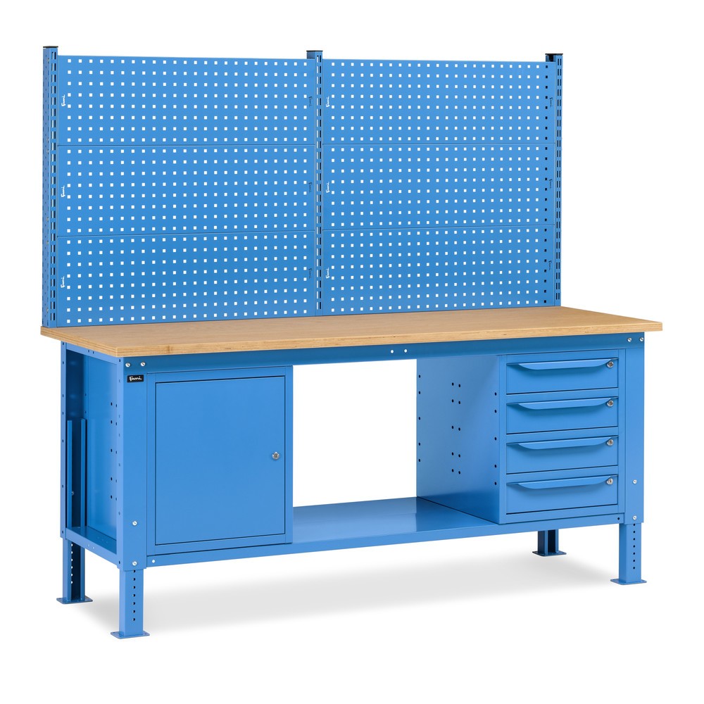 Illustration du produit: Établi Fami, réglable en Hauteur de construction, avec Mur multifonction, 4 tiroirs et Armoire, capacité de charge 1 000 kg, HxLxP 740-1,110 x 2 000 x 750 mm, RAL 5012 bleu clair