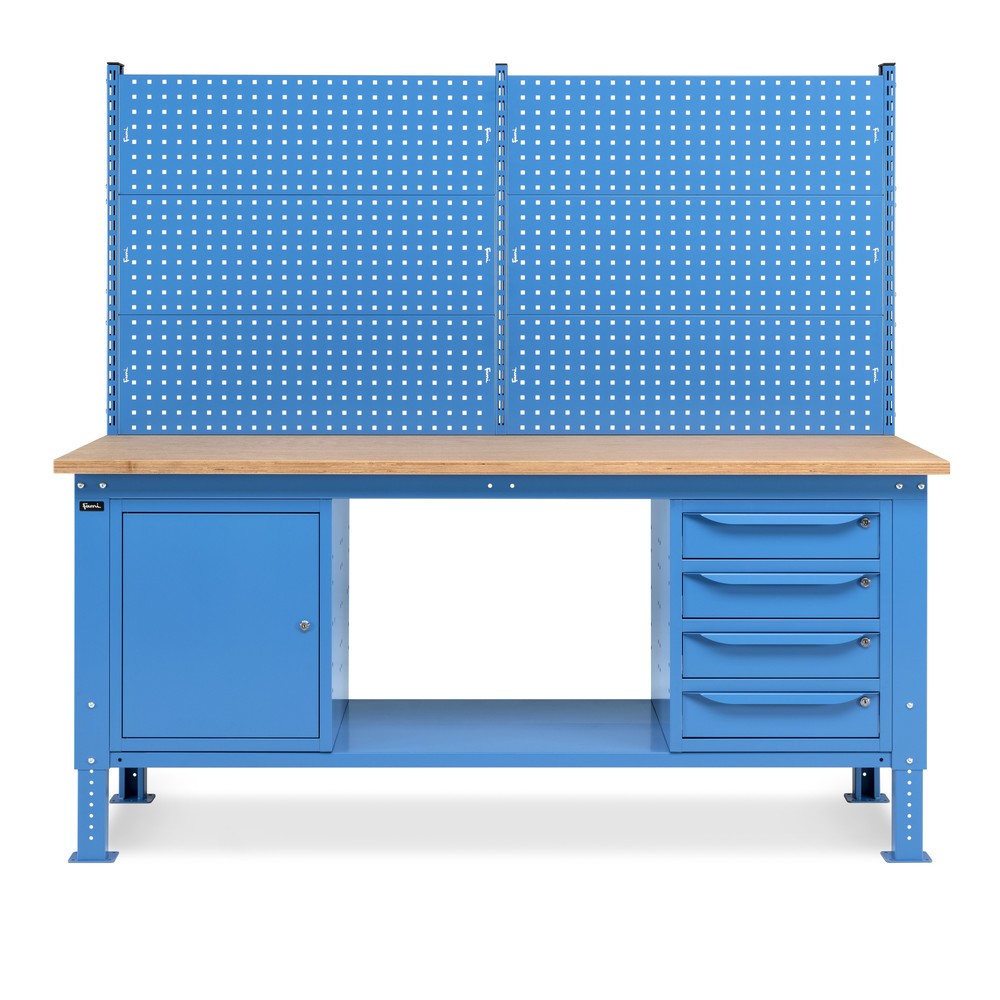 Produktabbildung Nr. 3: Établi Fami, réglable en Hauteur de construction, avec Mur multifonction, 4 tiroirs et Armoire, capacité de charge 1 000 kg, HxLxP 740-1,110 x 2 000 x 750 mm, RAL 5012 bleu clair