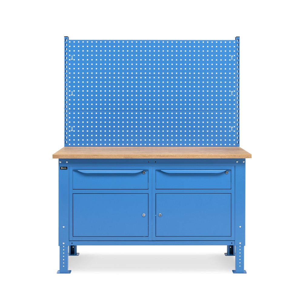 Produktabbildung Nr. 3: Établi Fami, réglable en Hauteur de construction, avec Mur multifonction, 2 tiroirs et 2 placards, capacité de charge 1 000 kg, HxLxP 740-1,110 x 1 500 x 750 mm, RAL 5012 bleu clair