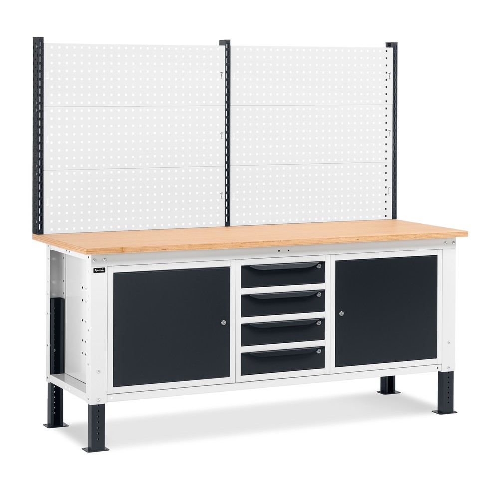 Illustration du produit: Établi Fami, réglable en Hauteur de construction, avec Mur multifonction, 4 tiroirs et 2 armoires, capacité de charge 1 000 kg, HxLxP 740-1,110 x 2 000 x 750 mm, gris clair/RAL 7016 gris anthracite RAL 7016