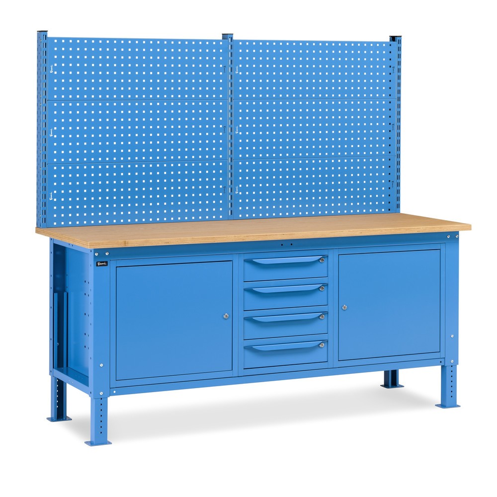 Illustration du produit: Établi Fami, réglable en Hauteur de construction, avec Mur multifonction, 4 tiroirs et 2 placards, capacité de charge 1 000 kg, HxLxP 740-1 110 x 2 000 x 750 mm, RAL 5012 bleu clair
